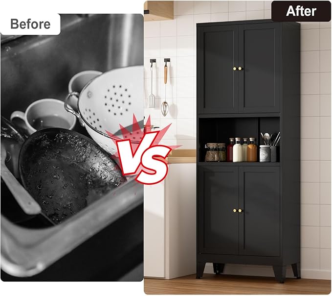 69" Tall Kitchen Pantry Cabinet, Metal Storage Cabinet with 4 Doors and Adjustbale Shelves, Freestanding Cupboards for Dining Room, Living Room, Bathroom-CasaMuseHome