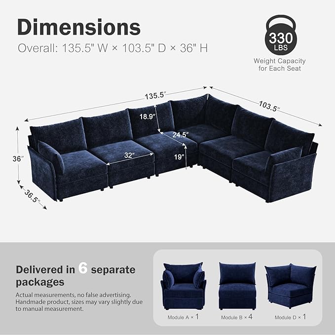 135.5" Oversized Modular Sectional Sofa, L Shaped Convertible Couch with Movable Ottoman, Large 6 Seat Corner Couches for Living Room Deep Seat Blue Chenille-CasaMuseHome