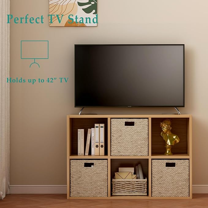 6-Cube Storage Shelf Bookcase - Wooden 3-Tier Floor Standing Open Bookshelf for Home and Office, Display Cabinet, Oak-CasaMuseHome