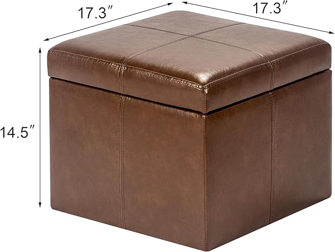 Adeco Storage Ottoman Foot Rest Stool, Leather Ottoman Footstool with Hinged Lid, 17" Small Foot Stool Bench for Living Room, Bedroom-CasaMuseHome