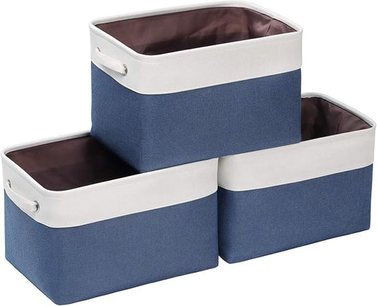 Kntiwiwo Foldable Storage Bins 15" x 10" x 9.5" Fabric Storage Basket Cube with Handles Large Linen Closet Organizer Bins for Organizing Shelf Home, Set of 3, Blue-CasaMuseHome