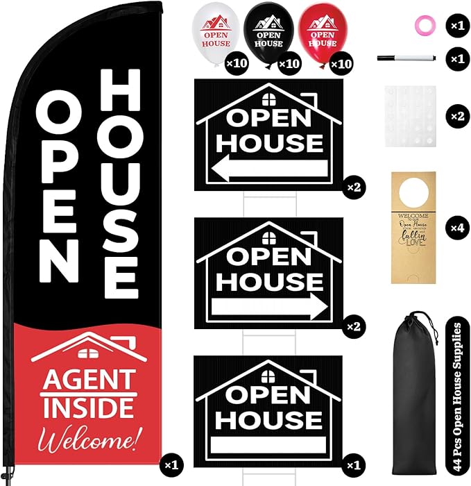44 Pcs Open House Signs for Real Estate, Double Sided Open House Flag Kit, 7.6 x 5.4 Ft Black Banner Flag Poles Set for Outside, Directional Arrows Sign Stakes Balloons for Open House Supplies-CasaMuseHome