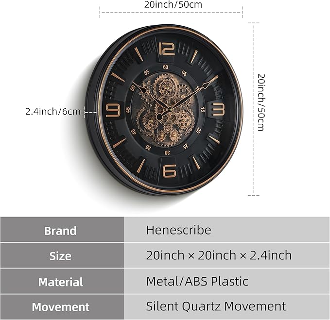 20in Large Real Moving Gears Wall Clock for Living Room, Battery Operated Wall Clocks Decorative Vintage, Home Office Clock, Gift for Family, Friends-CasaMuseHome