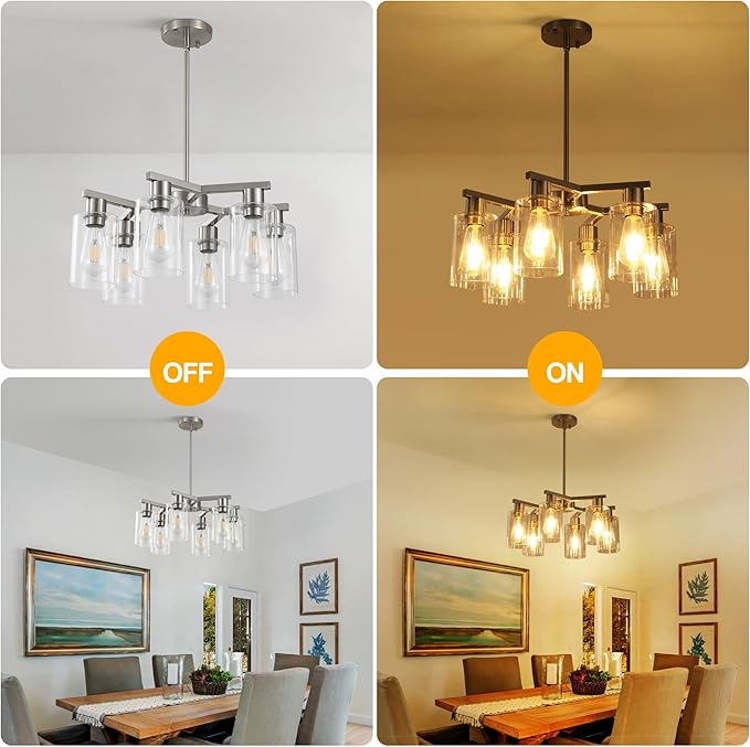 6-Light Farmhouse Brushed Nickel Chandelier,Modern Chandeliers for Dining Room Light Fixture Over Table,Adjustable Hanging Industrial Rustic Pendant Lights Kitchen Island Light with Clear Glass Shade-CasaMuseHome