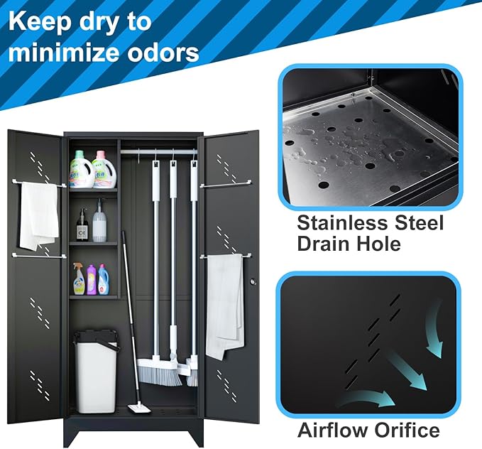 75" Metal Storage Cabinet, Tool Cabinets with Hooks, Garage Storage Cabinet with Lock, Heavy-Duty Tool Cabinet for Utility Room, Gym, Basement, Broom Closet Cabinet, Black-CasaMuseHome