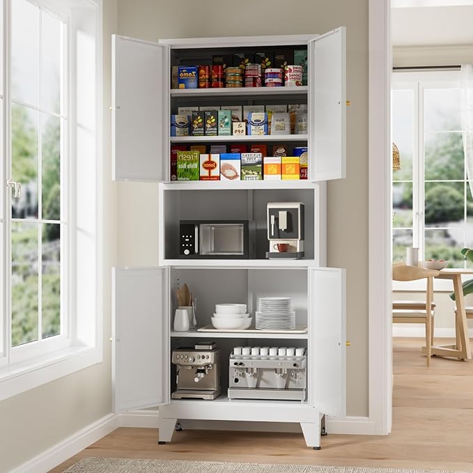 69" Tall Kitchen Pantry Cabinet, Metal Storage Cabinet with 4 Doors and Adjustbale Shelves, Freestanding Cupboards for Dining Room, Living Room, Bathroom-CasaMuseHome