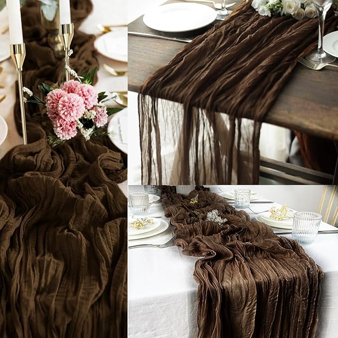 10FT 6 Pack Brown Cheesecloth Table Runner 20 x 120 Inch Long Boho Fabric Rustic Cheese Cloth Table Runner for Wedding Bridal Shower Baby Shower Gauze Sheer Birthday Party Table Decorations-CasaMuseHome