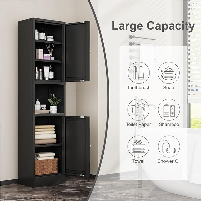 67" Tall Bathroom Storage Cabinet, Narrow Metal Floor Cabinet with 2 Doors and Adjustable Shelves, Freestanding Metal Locker for Laundry, Kitchen, Dining Room-CasaMuseHome