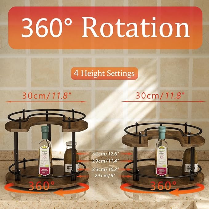 2 Tier Lazy Susan Organizer,2-Tier Spinning Spice Rack with Stable Carousel Base & 4 Height Settings for Cupboard Kitchen Countertop Dining Table Cupboard (Round)-CasaMuseHome