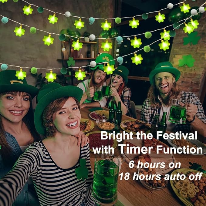9.85Ft St Patricks Day Lights Garland 20 Pompoms 20 LEDs Green Lucky Clover Lights Shamrock String Lights with Timer for Indoor Bedroom Party Bar Garden St. Patrick's Day Decoration Green Irish Decor-CasaMuseHome