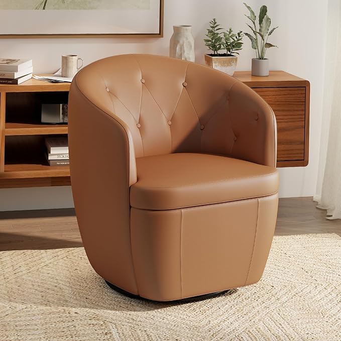 360° Swivel Leather Accent Chair, Modern Barrel Club Chair with Leather Upholstery and Sturdy Base, Comfortable Armchair for Living Room, Bedroom, Reading Nook, Brown-CasaMuseHome