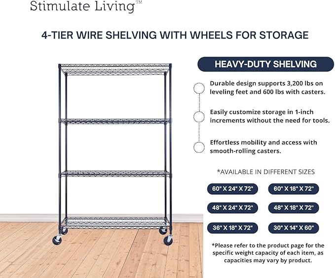 60"x18"x72" Prime Heavy Duty Black 4-Tier Wire Shelving NSF 3200 LBS MAX Capacity Storage Rack for Commercial, Hospital, School, Garage, and Kitchen Uses (with Wheels)-CasaMuseHome