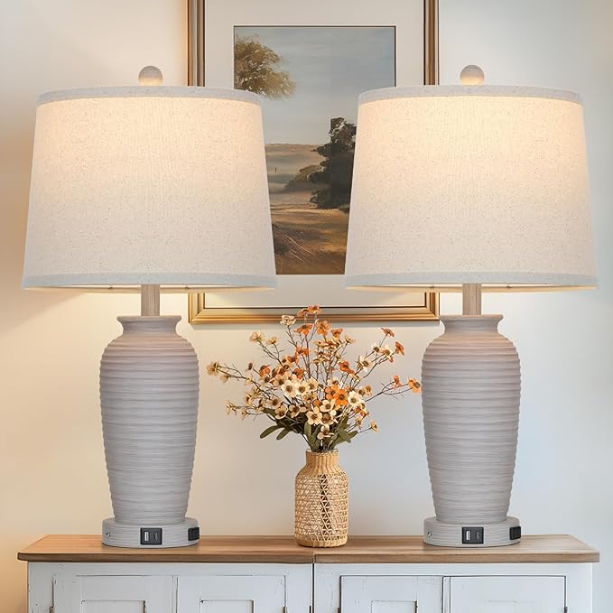 25“ Traditional Table Lamps Set of 2, Bedside Touch Lamp with USB C+A Charging Ports, Rustic Farmhouse Jar Table Lamps for Living Room Bedroom, Side Table Lamp with Beige Fabric Shade, Antique Grey-CasaMuseHome