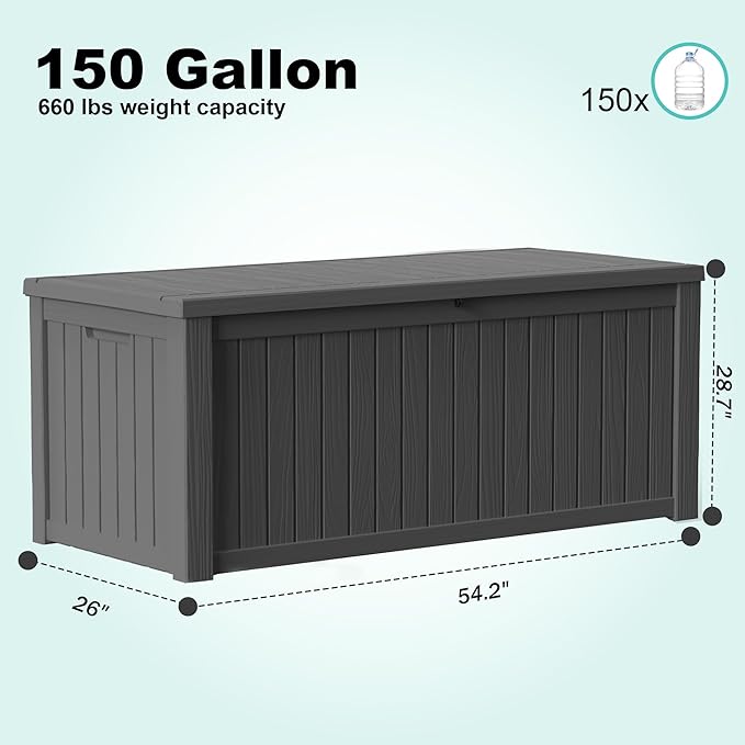 150Gal Outdoor Deck Box Waterproof, Lager Patio Storage Box Indoor and Outdoor Use, Lockable Resin Storage Bin for Patio Furniture Cushions Garden Tools, Package Delivery,UV Resistant-Black-CasaMuseHome