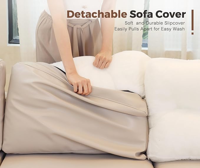 91.5" Faux Leather U Shaped Modular Sectional Sofa, 5 Seater Couch with Movable Ottoman Deep Seat and Storage Seat with Removable Cover for Living Room, Apartment - Whitesand-CasaMuseHome