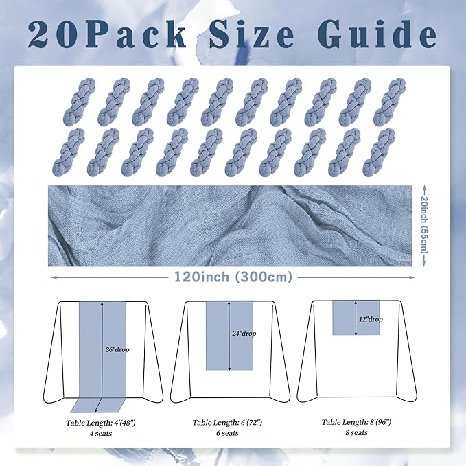 20 Pack Dusty Blue 10FT Cheesecloth Table Runner Rustic Gauze Fabric Cheese Cloth Table Runner for Wedding Bridal Baby Shower Table Decor 20 x 120 Inch Long Boho Sheer Birthday Party Table Decorations-CasaMuseHome
