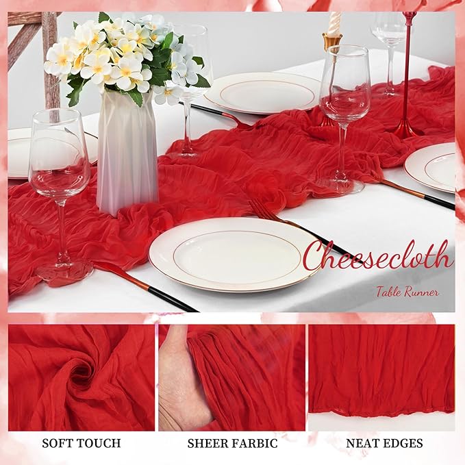 20 Pack Red 10FT Cheesecloth Table Runner Rustic Gauze Fabric Cheese Cloth Table Runner for Wedding Bridal Baby Shower Table Decor Boho Sheer Birthday Party Table Decorations 20 x 120 Inch Long-CasaMuseHome