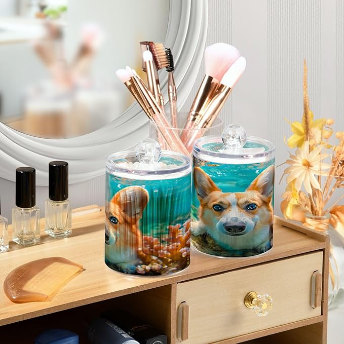 2 Pack Qtip Holder Organizer Dispenser Corgi Dog Underwater Bathroom Storage Canister Cotton Ball Holder Container for Cotton Pads/Swabs/Floss-CasaMuseHome