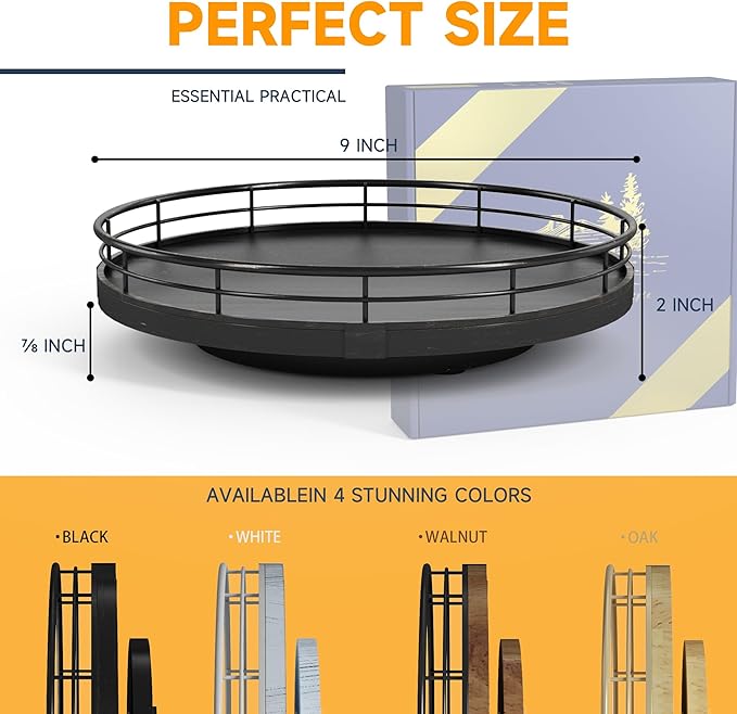 9" Oak Bathroom Vanity Tray Turntable for Perfume Candle, Round Wooden Decorative Tray for Kitchen Sink Countertop Organizer, Bathroom Counter Organizer for Skincare Makeup, Farmhouse Black Gold-CasaMuseHome