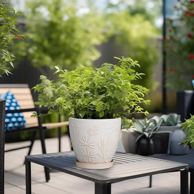6.9 Inch Ceramic Plant Pot for Indoor Plants Outdoor Round Planter Flower Pot with Drainage Hole and Saucer for Home Garden Office Decor White-CasaMuseHome