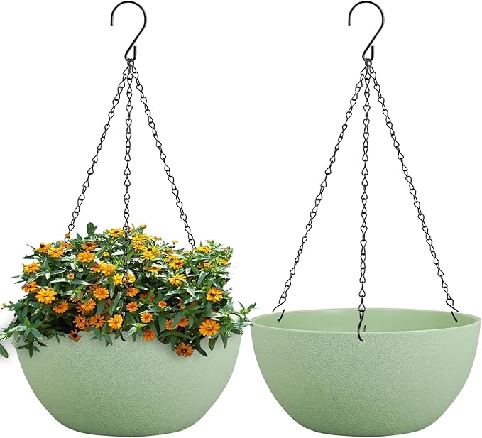 13 inch Large Hanging Planters Plant Pots for Outdoor Indoor Plants with Drainage Holes and Chain, 2 Pack Round Hanging Flower Pots for Garden Home Porch Decor, Green-CasaMuseHome