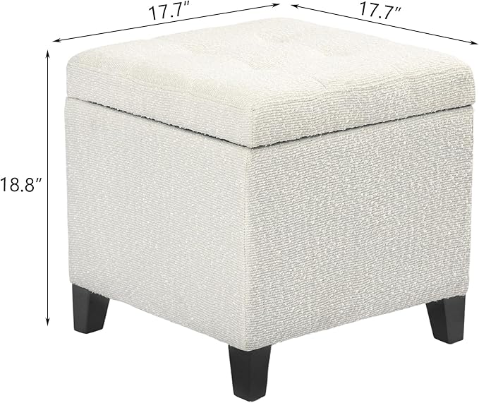 Adeco 18 Inch High Cube Ottoman Storage, Linen Chair Foot Stools, Upholstered Vanity Stool with Hinged Lid, Solid Wood Legs (White Circle Yarn)-CasaMuseHome