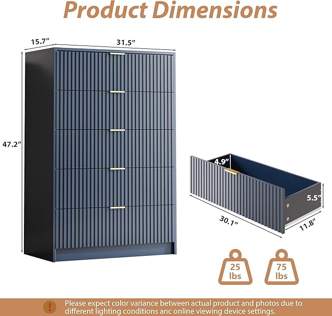 5 Drawer Dresser for Bedroom, Tall Dresser Chest of Drawers with Gold Handles, 32 Inch Wide Nightstand with for Bedroom, Living Rooms, Offices, and Entryways, Navy Blue-CasaMuseHome