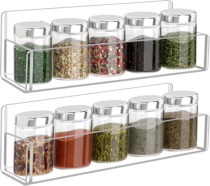Acrylic Spice Rack Wall Mount-9 Inch, Clear Spice Shelf Storage Holder, 2 Pack Hanging Seasoning Rack Organizer for Cabinet Door, Cupboard or Wall Kitchen (Adhesive or Screw)-CasaMuseHome