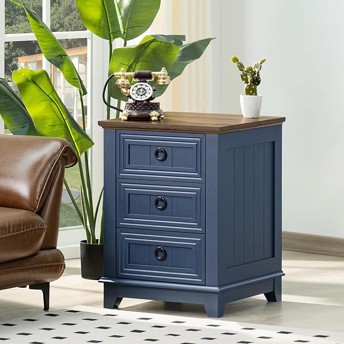 18" Farmhouse Night Stand with 3 Drawers, Wood End Table Dresser for Bedroom, Navy Blue Nightstand, Bed Side Table with Metal Handle, Bedside Cabinet for Bedroom Living Room, Closet-CasaMuseHome
