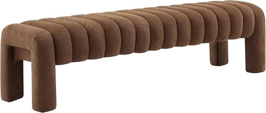 63" Bedroom Bench, Upholstered Entryway Bench, Modern End of Bed Ottoman with Solid Wood Legs and Adjustable Foot Pegs for Entryway, Dining Room and Living Room (Brown Boucle)-CasaMuseHome