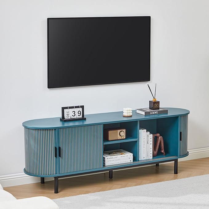 62" Tambour Door TV Stand,Wood Mid Century Modern TV Cabinet for Up to 75“ TV,Curved Edge Long TV Stand with Storage for Bedroom Living Room(62.2inch,Blue)-CasaMuseHome