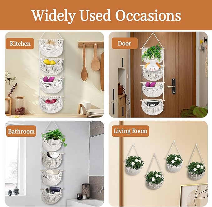 4 Tier Hanging Fruit Basket for Kitchen, 4 Pack Detachable Cotton Crocheted Wall Hanging Baskets Shelf Over Door Organizer for Fruit Veggie Plant, Hanging Storage Basket for Bathroom Bedroom(Beige)-CasaMuseHome