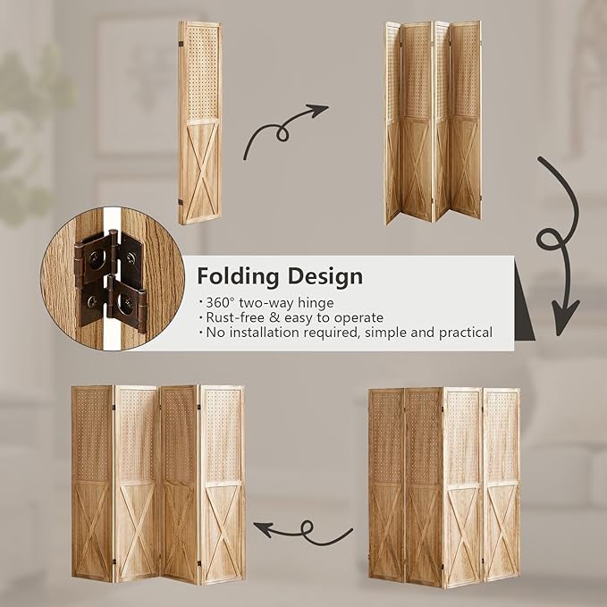 4 Panel Pegboard Wood Room Divider, 5.6Ft Pegboard Display Folding Privacy Screens, Peg Board Display Freestanding for Trade Show Craft Show Home Wall Organizer, Light Brown-CasaMuseHome