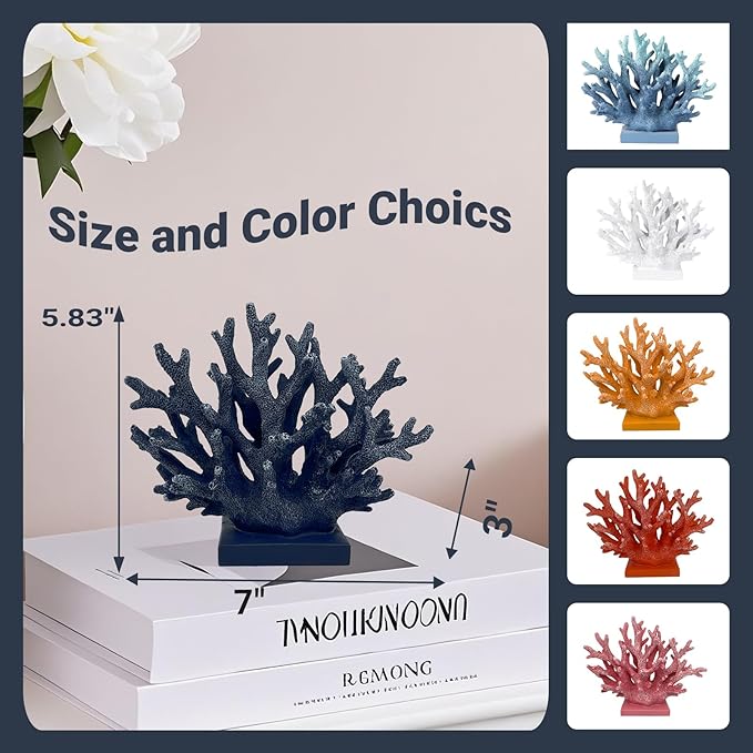5.8" H Dark Blue Coral Decor - Resin Coral Statue, Nautical Decor for Home, Bedroom, Bathroom, Living Room, Ocean Themed Cabinet Shelf Tabletop Decoration-CasaMuseHome