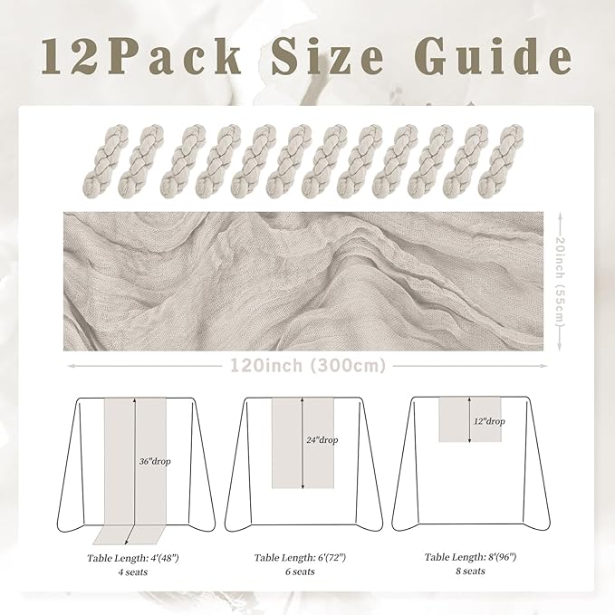 12 Pack Rose Brown Cheesecloth Table Runner 10FT Rustic Gauze Fabric Cheese Cloth Table Runner for Wedding Bridal Baby Shower Table Decor Boho Sheer Birthday Party Table Decorations 20 x 120 Inch Long-CasaMuseHome