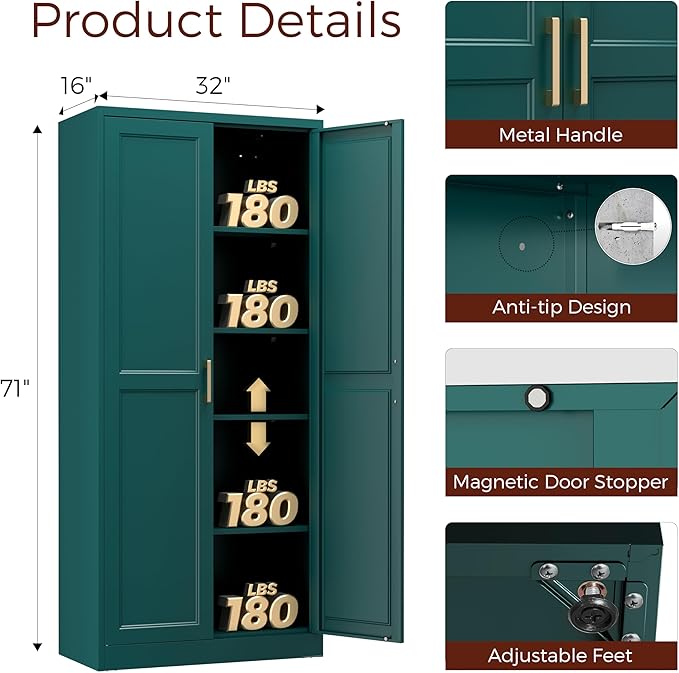 71" Metal Pantry Cabinet, Tall Kitchen Pantry Storage Cabinet with 4 Adjustable Shelves and Gold Handles, Green Cupboard for Kitchen, Dining Room, Living Room-CasaMuseHome