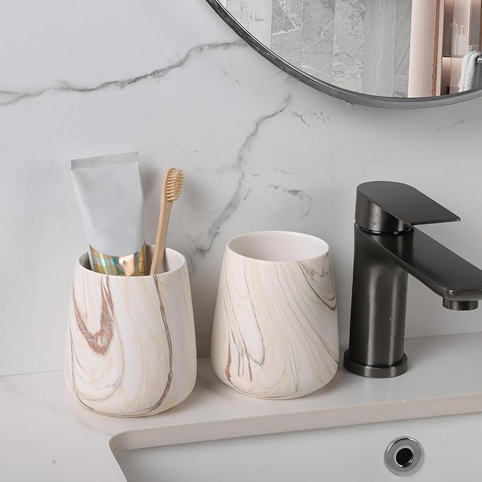 2Pcs Toothbrush Holder for Bathroom - Marble Brown Ceramic Tooth Brushing Holders Set, Toothbrush Cup & Toothpaste Organizer for Bathroom Countertop, Makeup Brush Holder, Pen Holder for Home Storage-CasaMuseHome