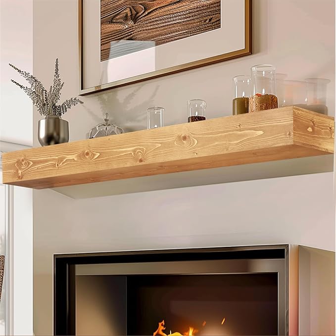 72x8x5 Fireplace Mantel - Handcrafted Rustic Solid Wood Wall Mounted Floating Shelf with Invisible Heavy Duty Wood Bracket (Natural)-CasaMuseHome