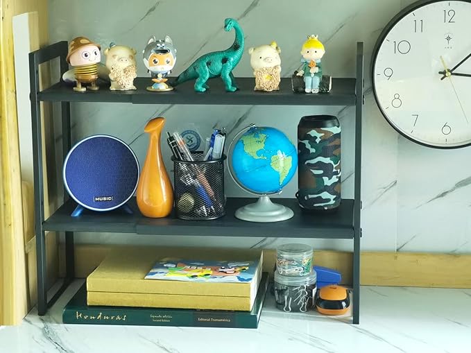 2 Tier Expandable Cabinet Shelf Organizer 14.5-25" L Kitchen Counter Shelf Rack Stand Sink Riser Countertop Storage Black (Normal 7.9”D)-CasaMuseHome