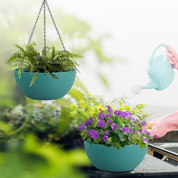 13 inch Large Hanging Planters Plant Pots for Outdoor Indoor Plants with Drainage Holes and Chain, 2 Pack Round Hanging Flower Pots for Garden Home Porch Decor, Blue Green-CasaMuseHome
