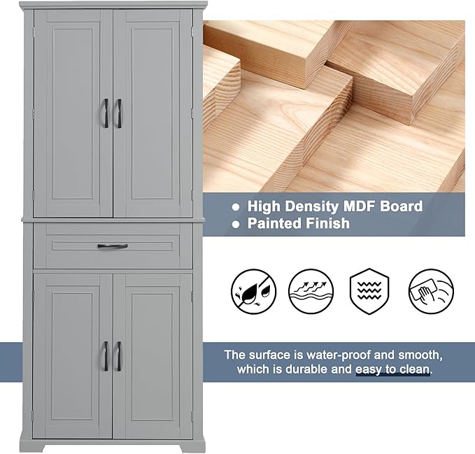 72.2" Tall Storage Cabinet with 4 Doors and Drawer, Freestanding Linen Cabinet, Wooden Pantry with Adjustable Shelf for Kitchen, Bathroom, Living Room, Grey-CasaMuseHome