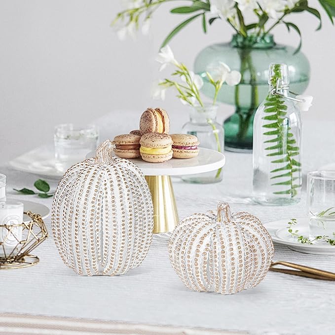 2Pcs Halloween Pumpkin Artificial Resin Pumpkins Decor for Mantel Harvest Autumn Tabletop Decoration Gold Fall Pumpkin Decorations Thanksgiving Table Centerpieces (Set A, ONE Size)-CasaMuseHome