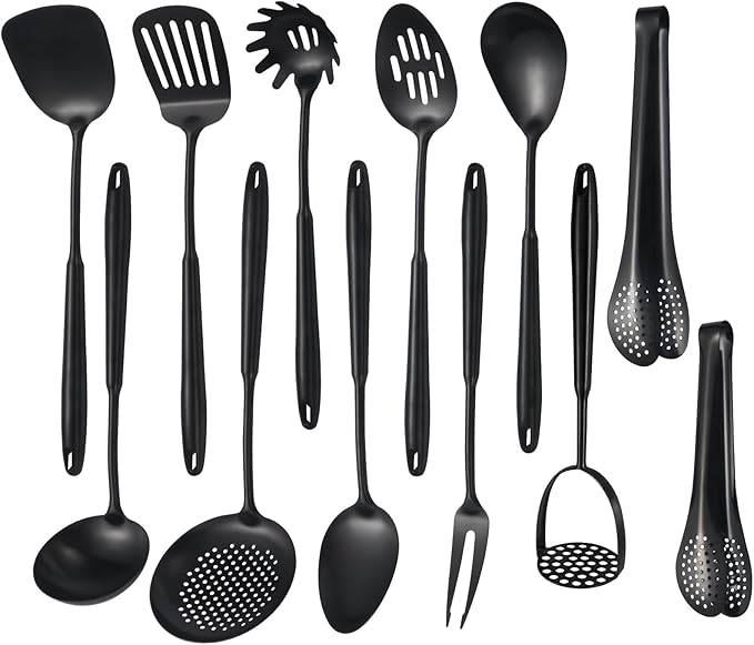 304 Stainlss Steel Matte Kitchen Utensils Set, 12 Pcs Long Metal Cooking Utensil Gadgets Tools Set with Spatula, Ladle, Spoon, Ladle, Skimmer, Tunner, Pasta Server, Tongs(Black, Dishwasher Safe)-CasaMuseHome