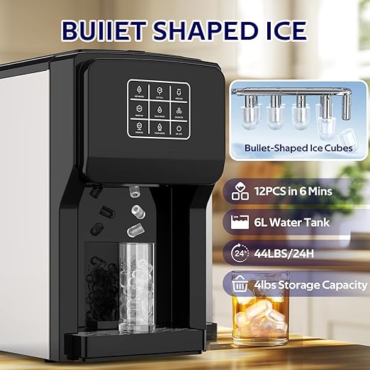 3 in 1 Water Dispenser with Ice Maker, Ice Maker Countertop, Bullet Ice, Crushed Ice, Water Cooler, 44Lbs/24H, 12 Ice/6Min, Self-Cleaning, 4Lbs Ice Storage, Home/Kitchen/Party/RV (Touchscreen)-CasaMuseHome