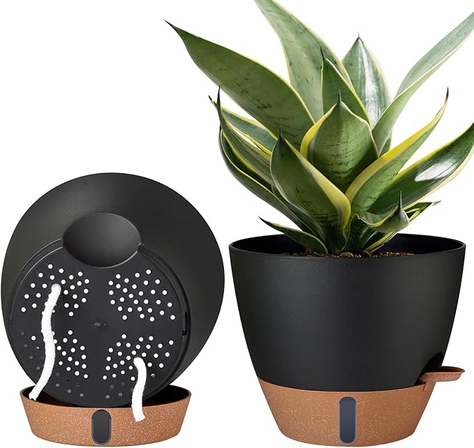 2 Pack 10 inch Plant Pots, PP Plastic Self Watering Plant Pot with Drainage and Tray for Indoor Outdoor Plants , Water Level Window & Reservoir Flower Pots Decorative Planter (Black, 10 Inch)-CasaMuseHome