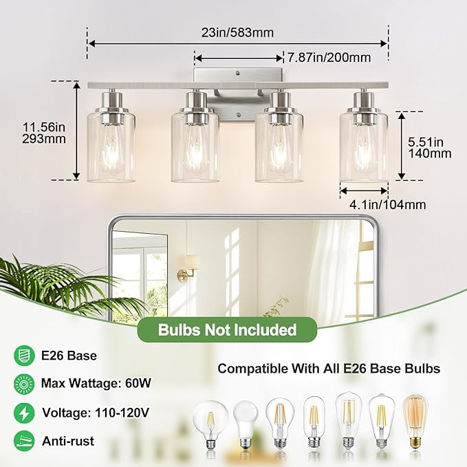 4-Light Bathroom Light Fixtures, Brushed Nickel Vanity Lights with Clear Glass Shades, Modern Bathroom Wall Lamp for Mirror Living Room Cabinet Bedroom Porch-CasaMuseHome