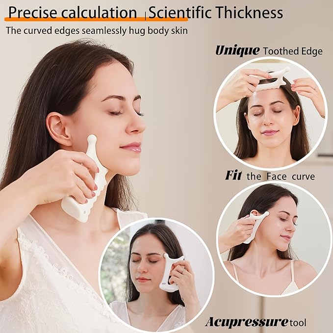 6-in-1 Ceramic Gua Sha Tool for Face & Body - Manual Facial Massage for Lymphatic Drainage, Jaw Lifting, Puffiness Care, Neck Massage for Stress Relief at Home, Self Care Gift for Mum Wife White-CasaMuseHome