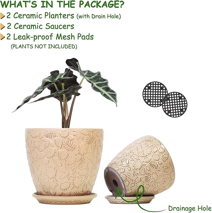 8 Inch + 6 Inch Retro Ceramic Planter Set of 2 with Drainage Hole and Saucer for Multiple Plants, Indoor-Outdoor Garden Pots for Succulent, Orchid, and Flower (Retro Peach)-CasaMuseHome