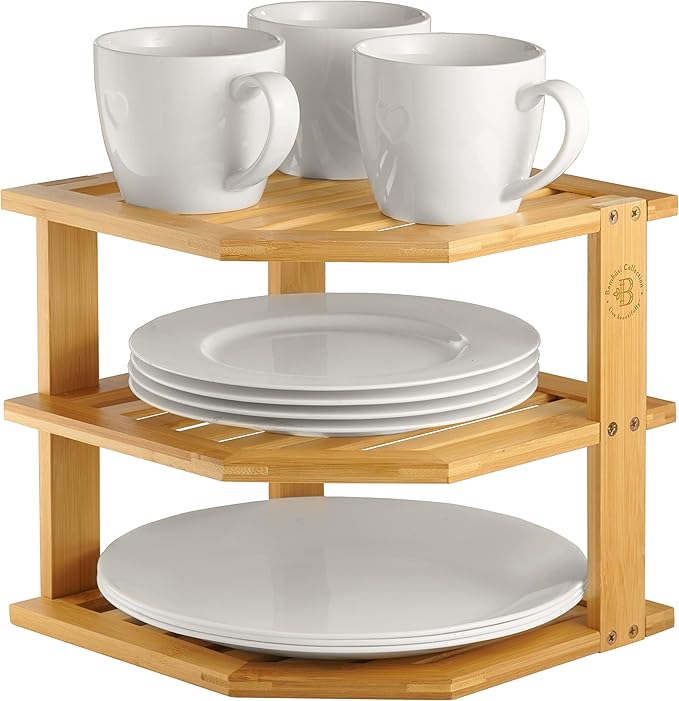 2-Pack Plate Organizer for Cabinet - Bamboo Corner Shelf for Kitchen or Bathroom Storage, Space-Saving Rack for Dishes, Countertop, Cabinet, Pantry - Organization & Housewarming Gift-CasaMuseHome