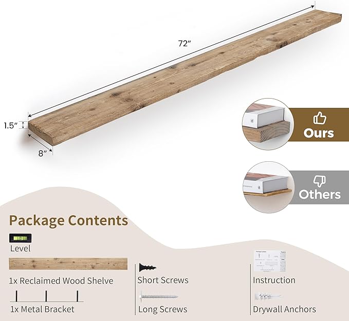 72 inch Floating Shelves for Wall, 8" Deep Rustic Reclaimed Barnwood Shelves, Floating Shelf Wall Hanging Shelves with Invisible Heavy-Duty Metal Bracket | Wall Mounted | Farmhouse Style, 1PC,Natural-CasaMuseHome